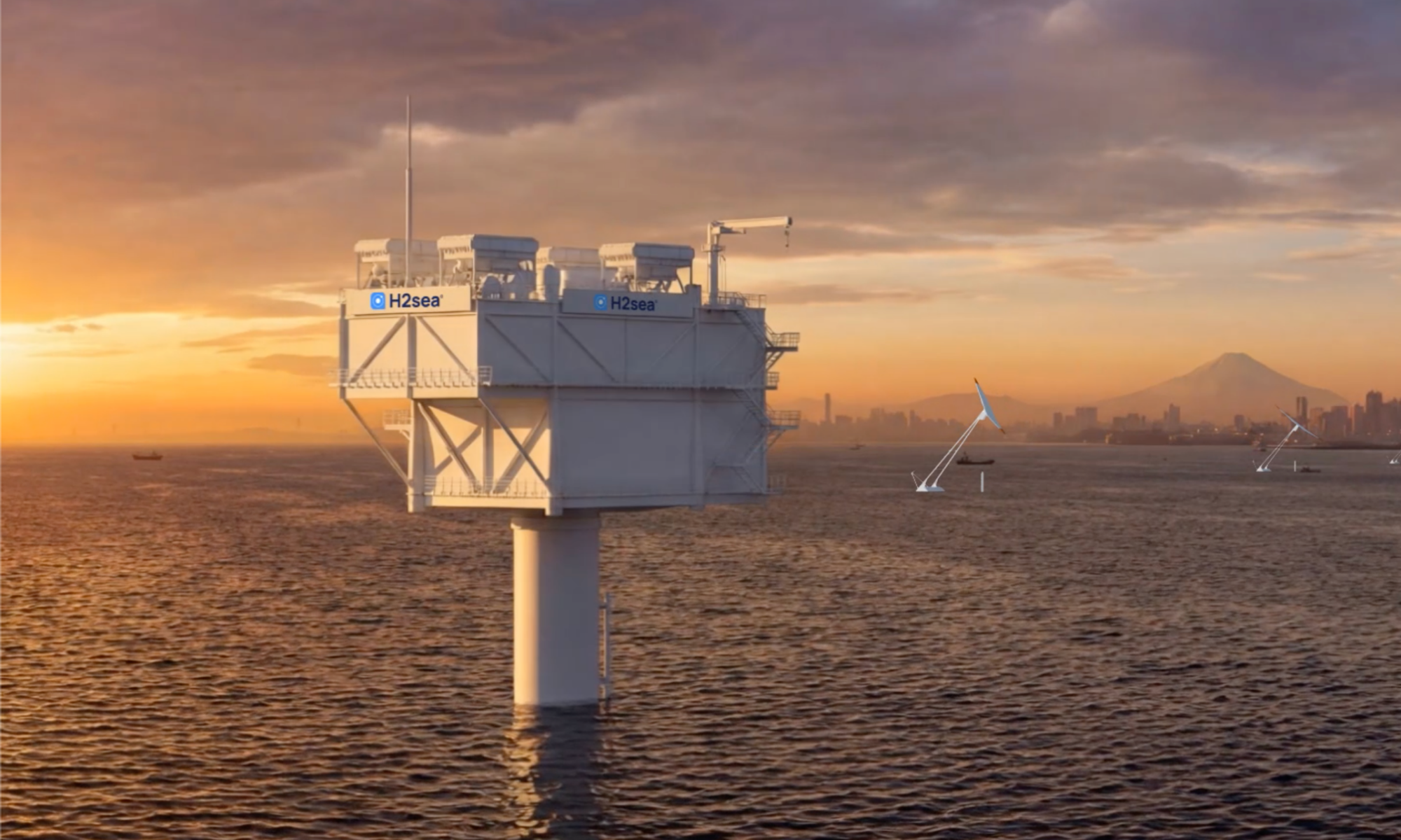 H2sea offshore hydrogen platform with floating wind turbines and Mount Fuji in the background
